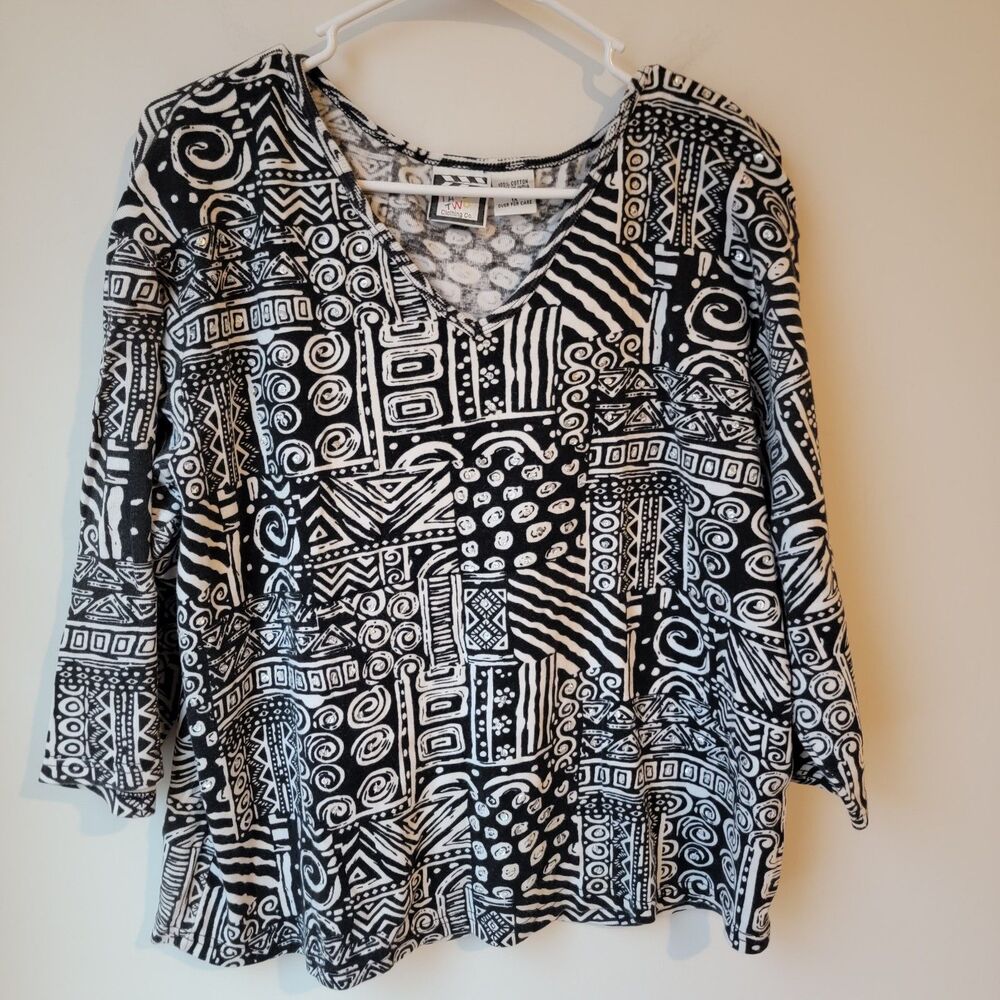 Vintage Take Two Womens Blouse Size 1X Black And White Geometric‎ Abstract Art